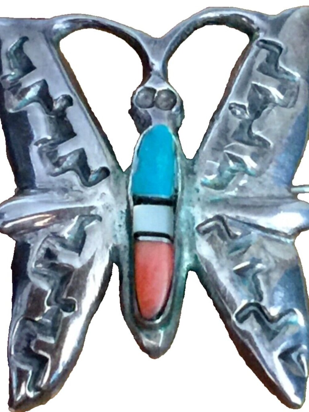 VINTAGE ZUNI BUTTERFLY BROOCH PIN SIGNED TURQUOISE CORAL INLAY STERLING SILVER